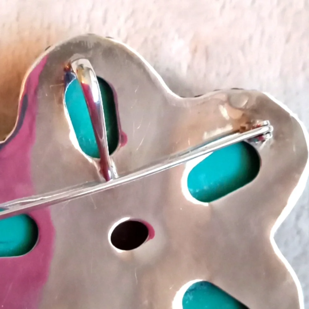 STERLING SILVER, TURQUOISE AND AMBER PIN/PENDENT - Picture 6 of 10